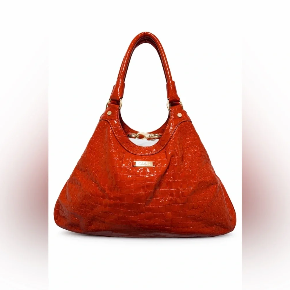 Cole Haan Red Croc-Embossed Patent Leather Hobo Shoulder Bag